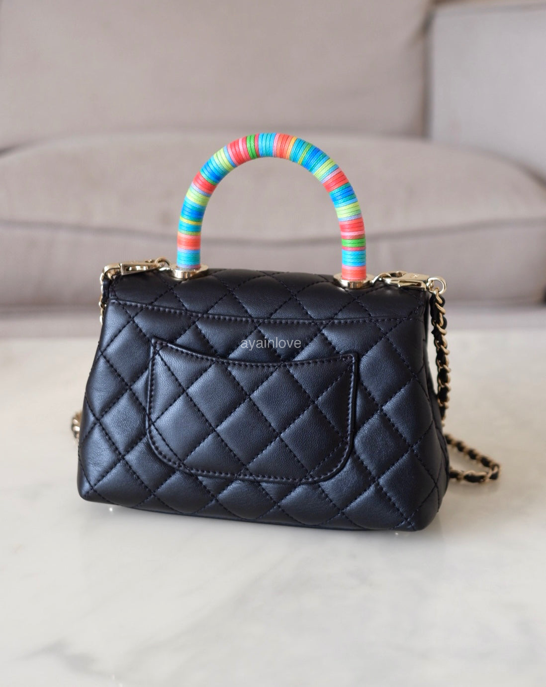 CHANEL Black Goatskin Coco Rainbow Handle Extra Mini 19cm Bag Light Gold Hardware