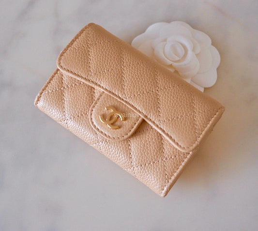 CHANEL Classic Beige Clair Caviar Small Snap Card Holder Gold Hardware