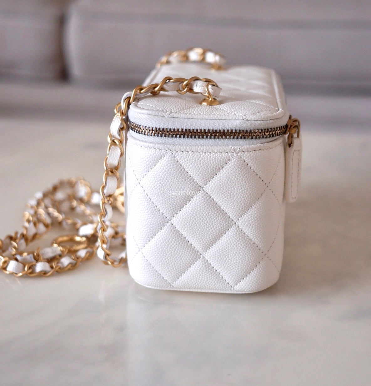 CHANEL Iridescent White Caviar Rectangular Vanity on Adjustable Chain Strap Oversized CC Gold Hardware