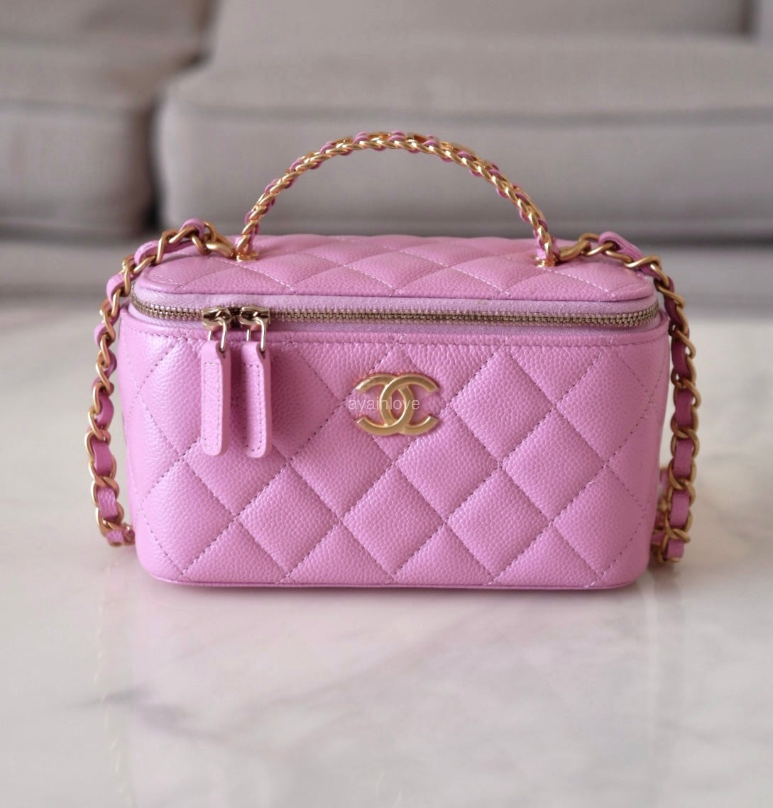CHANEL 22S Pick Me Up Pink Caviar Top Handle Vanity Brushed Gold Hardware