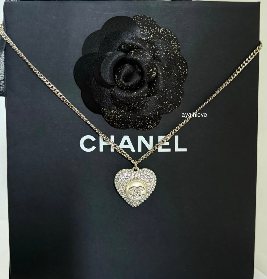 CHANEL 22B Heart Pearl Crystal CC Necklace Light Gold Hardware