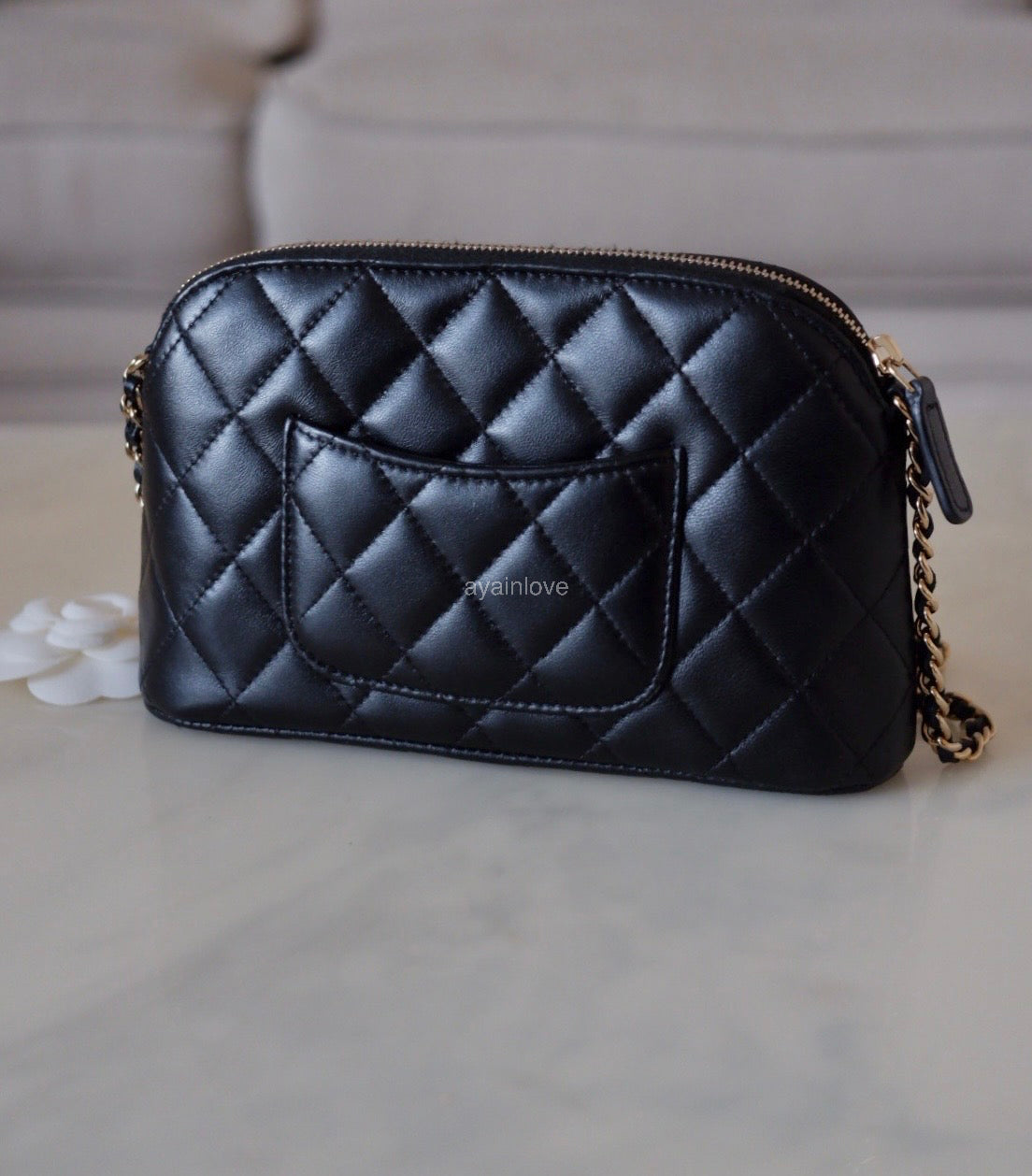 CHANEL Small Black Lambskin Zip Clutch on Chain Camera Bag Light Gold Hardware