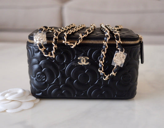CHANEL 21S Black Camelia Rectangular Vanity on Chain Light Gold Hardware