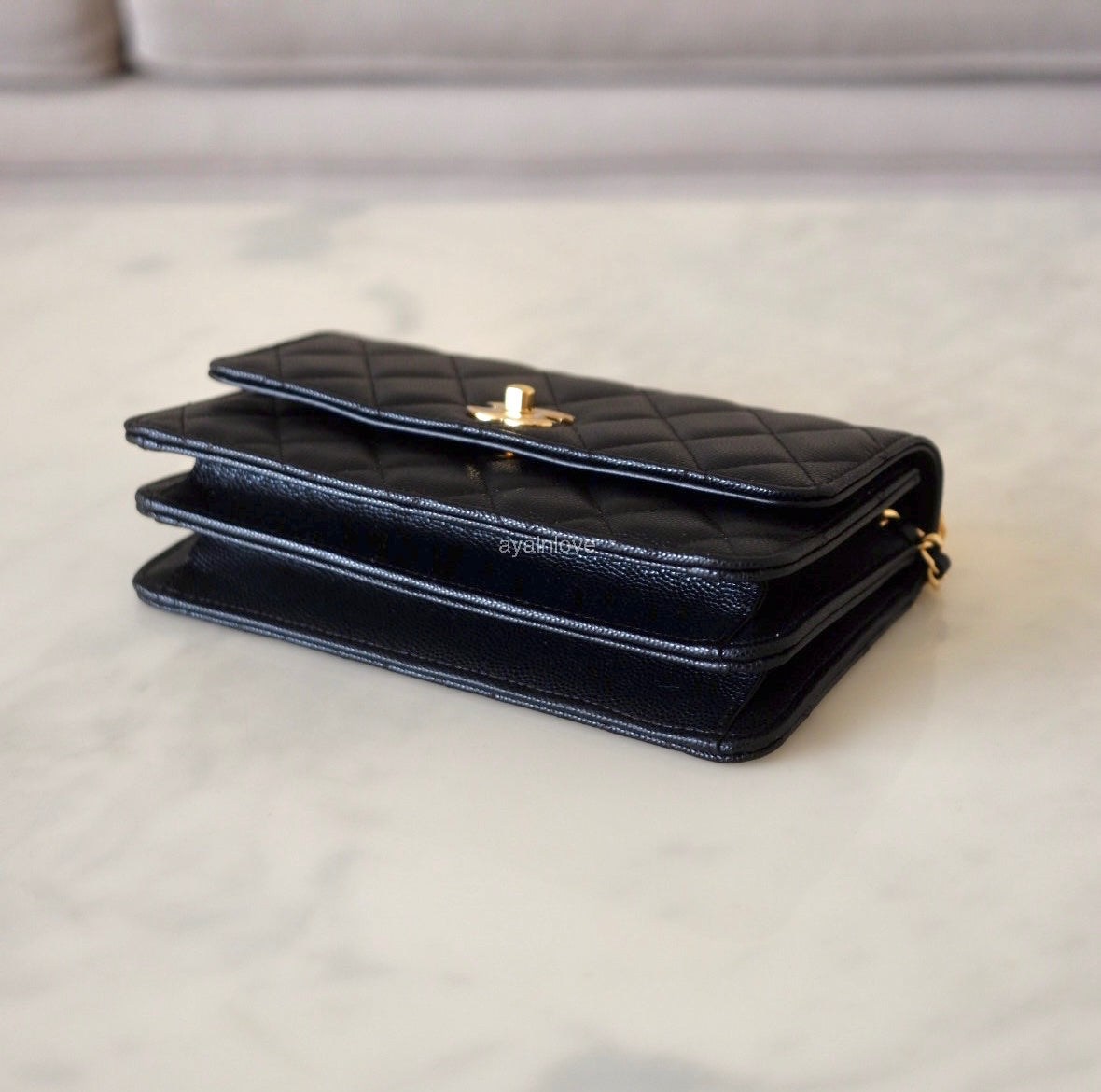 CHANEL 23S Black Caviar Wallet on Chain with Bag Charm Gold Hardware