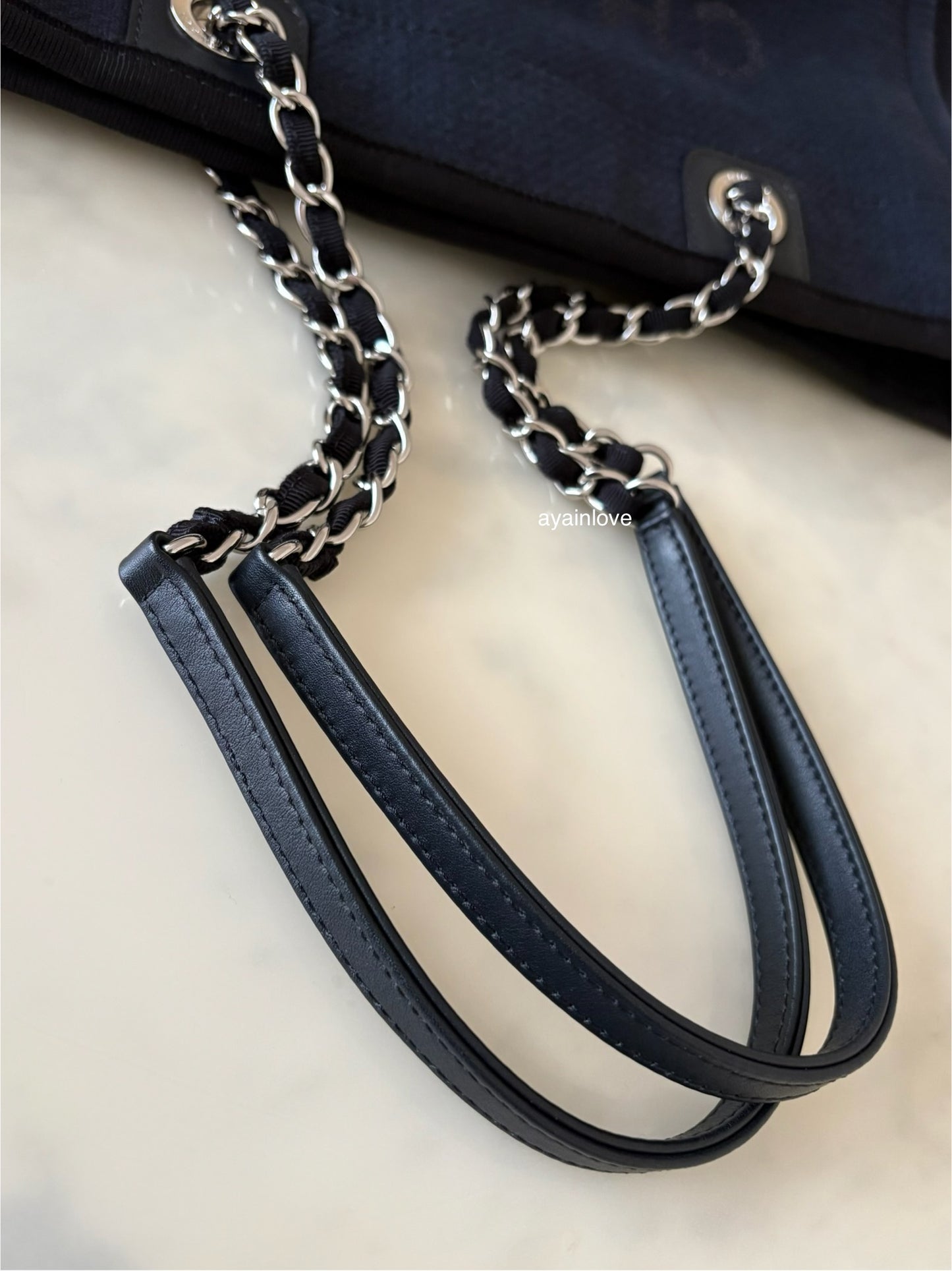 CHANEL Midnight Navy Blue Canvas Small Medium Deauville Microchipped Tote Bag Silver Hardware