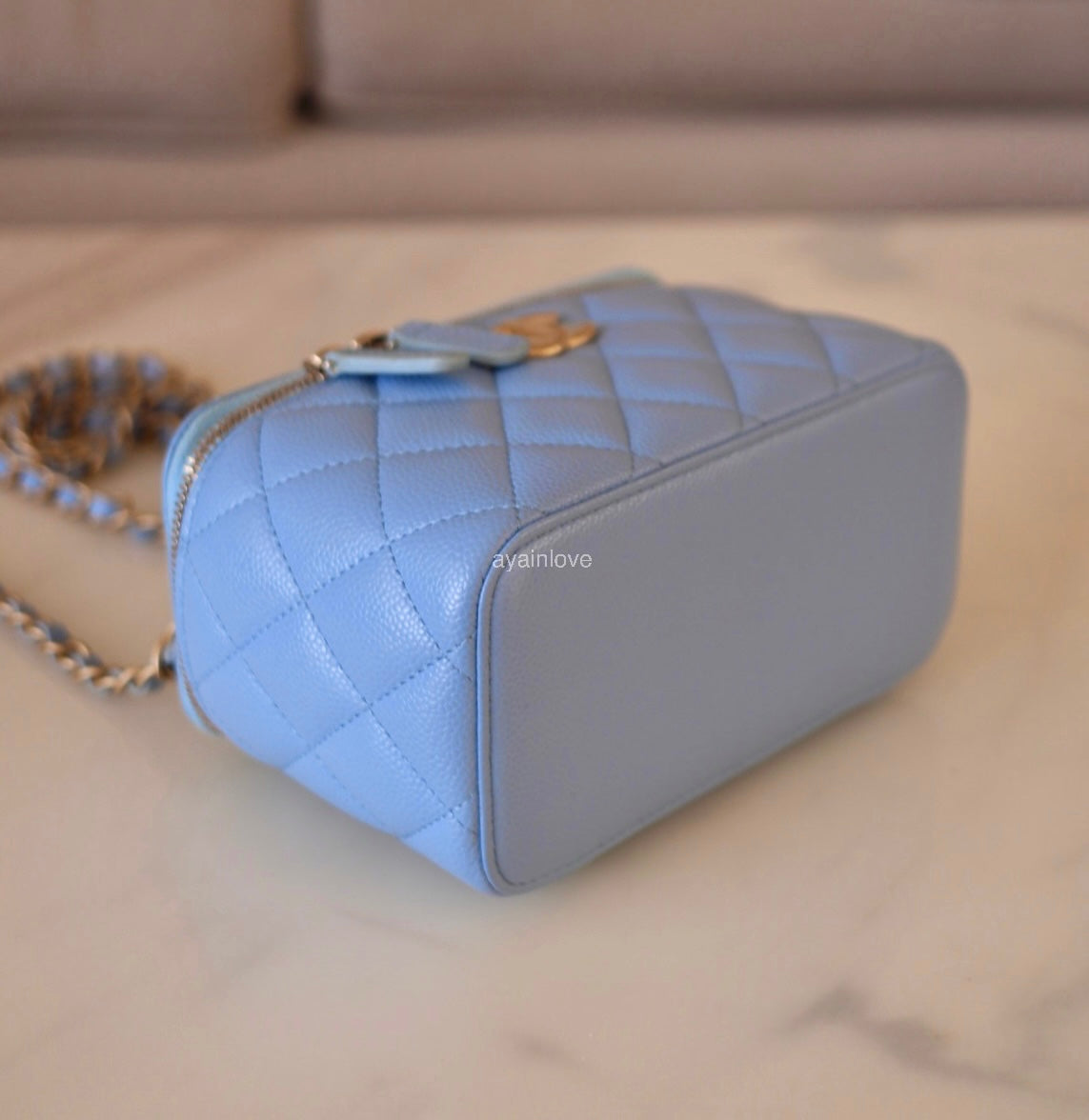 CHANEL 22S Pick Me Up Blue Caviar Top Handle Script Vanity Gold Hardware