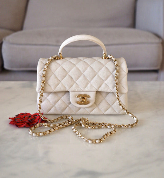 CHANEL 21S Light Beige Caviar Top Handle Rectangular Mini Bag Gold Hardware