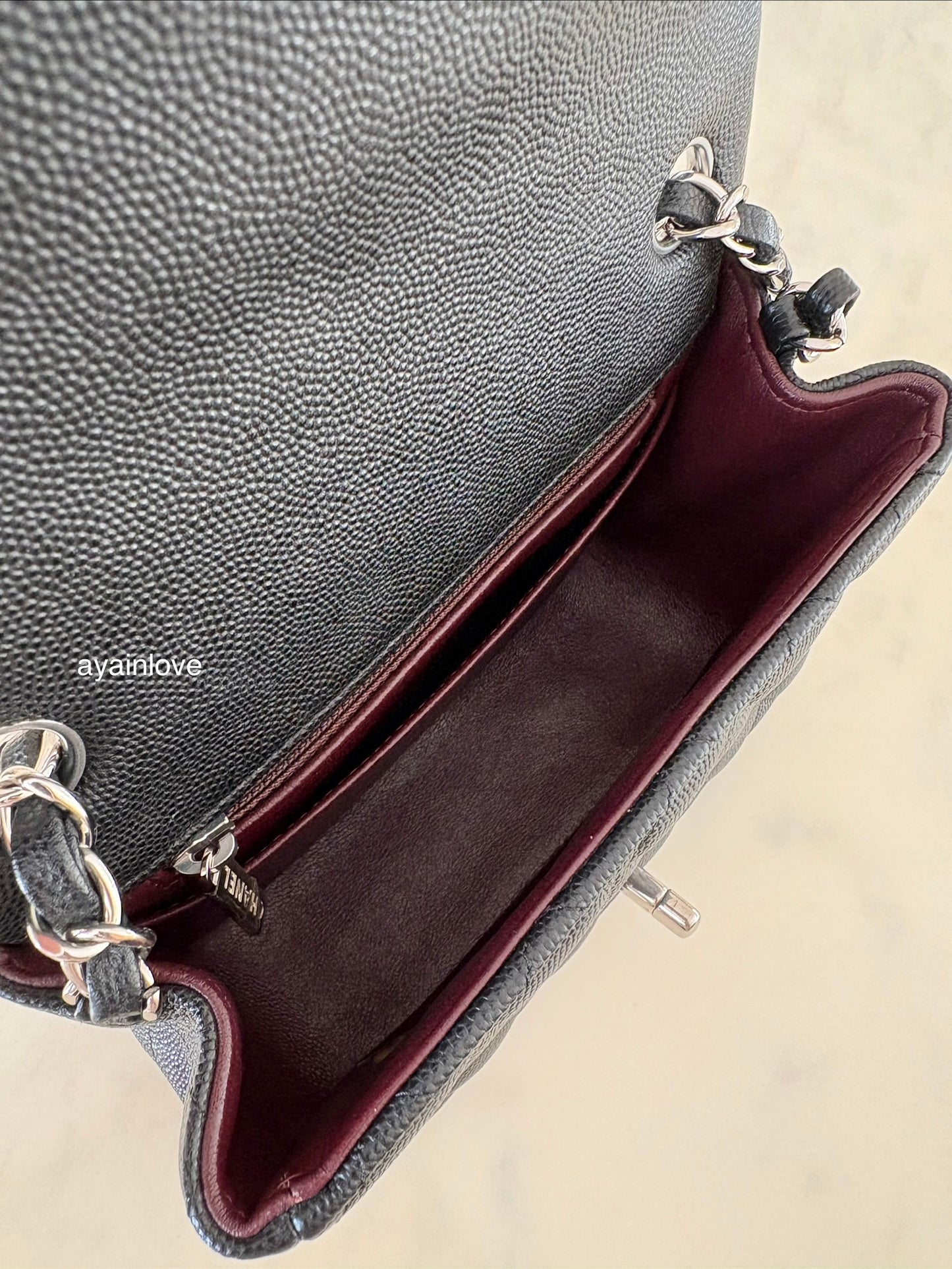 CHANEL 17B Black Caviar (Burgundy Interior) Quilted Square Mini Flap Bag Silver Hardware