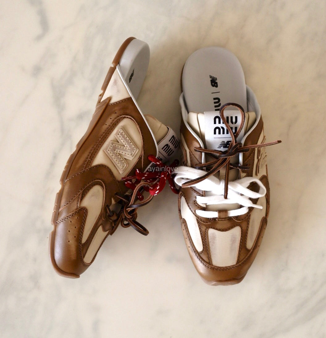 Miu Miu x New Balance 530 SL Brown Cinnamon Bleached Calfskin Mules Loafers Shoes Size 38 EU