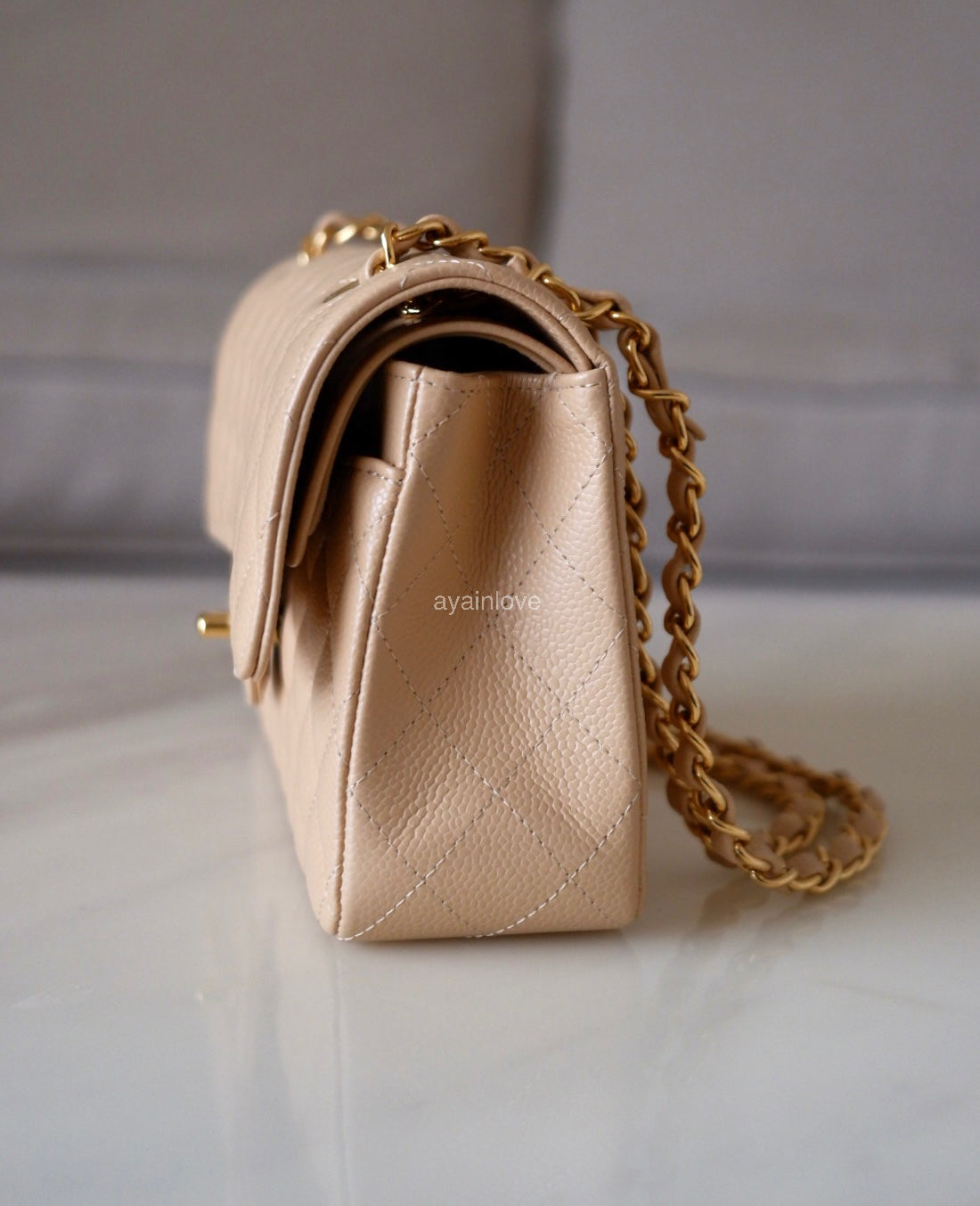 CHANEL Beige Clair Caviar Small Classic Flap Bag Gold Hardware