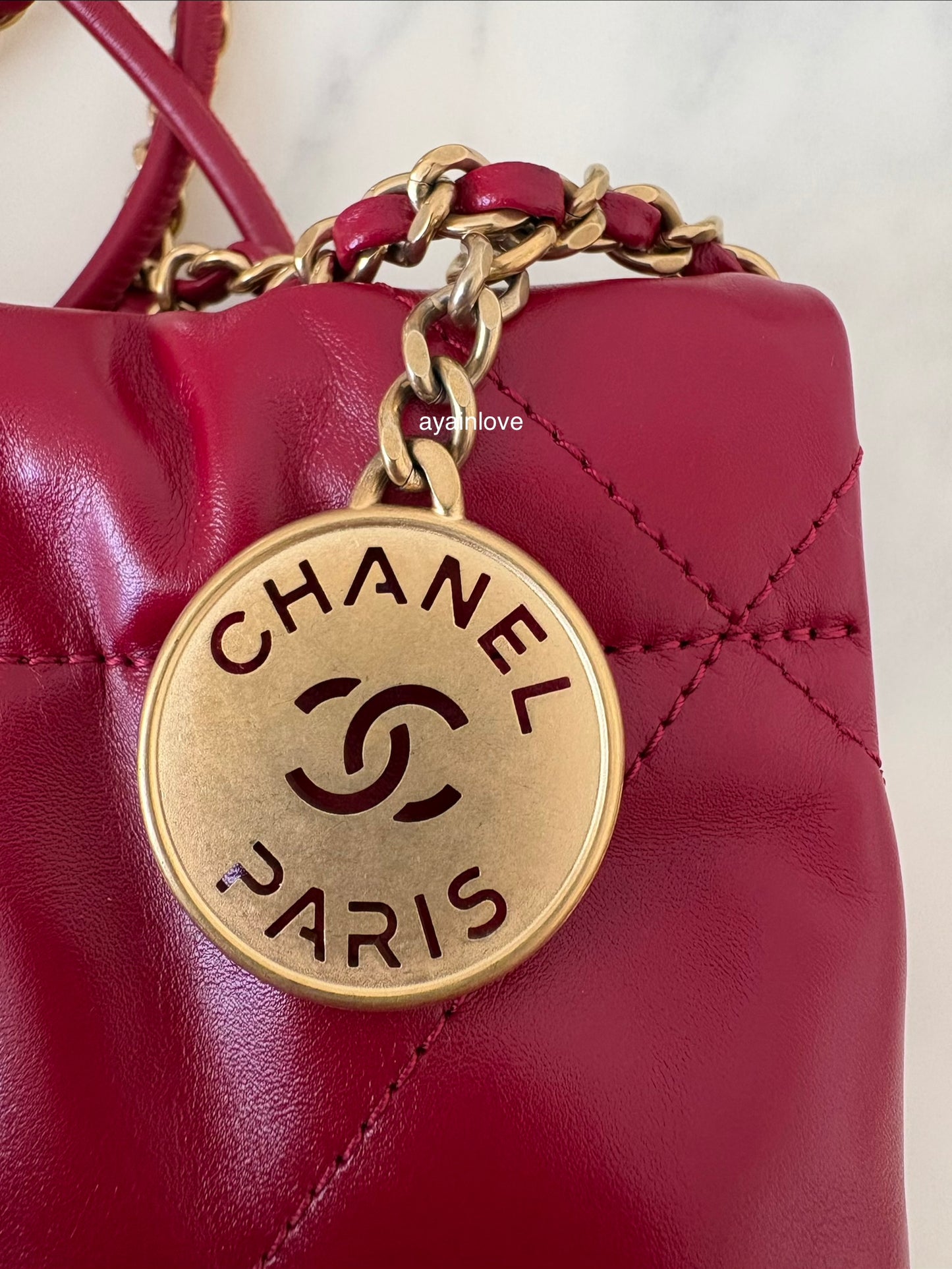 CHANEL Mini 22 Red Shiny Calf Skin Bag Gold Hardware