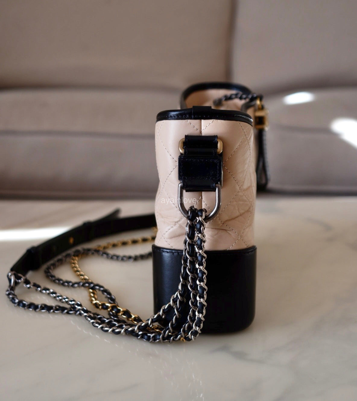 CHANEL Beige Black Calf Skin Medium Gabby Gabrielle Bag Mixed Hardware
