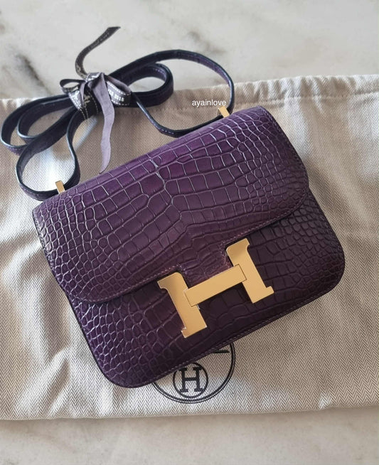 HERMES Constance Mini 18 Amethyst Matte Alligator Gold Hardware Y Stamp