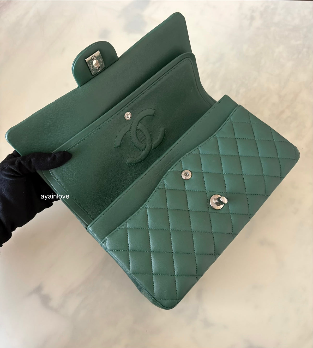 CHANEL Dark Green Lambskin Medium/Large Classic Flap Silver Hardware