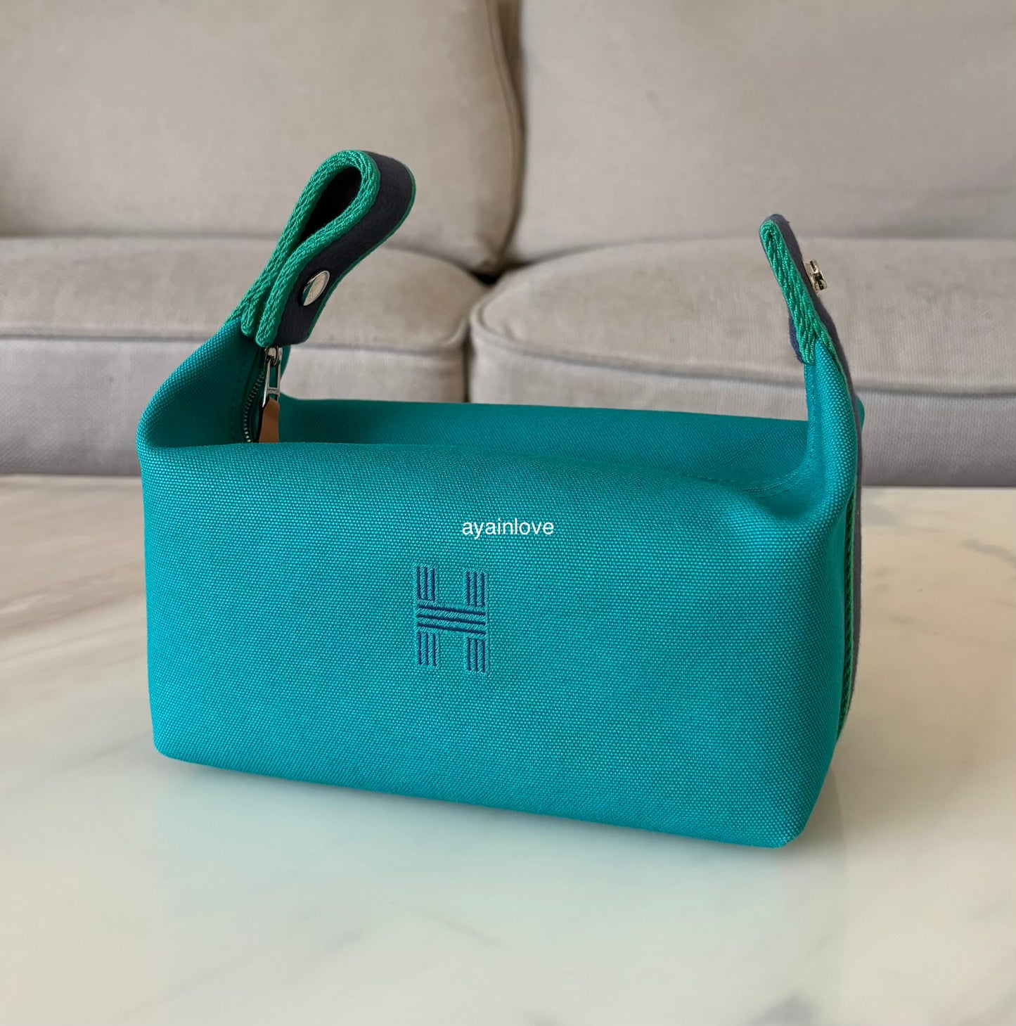 HERMES Bride-A-Brac Green Canvas Toilette Au Carre Case Small PM Palladium Hardware