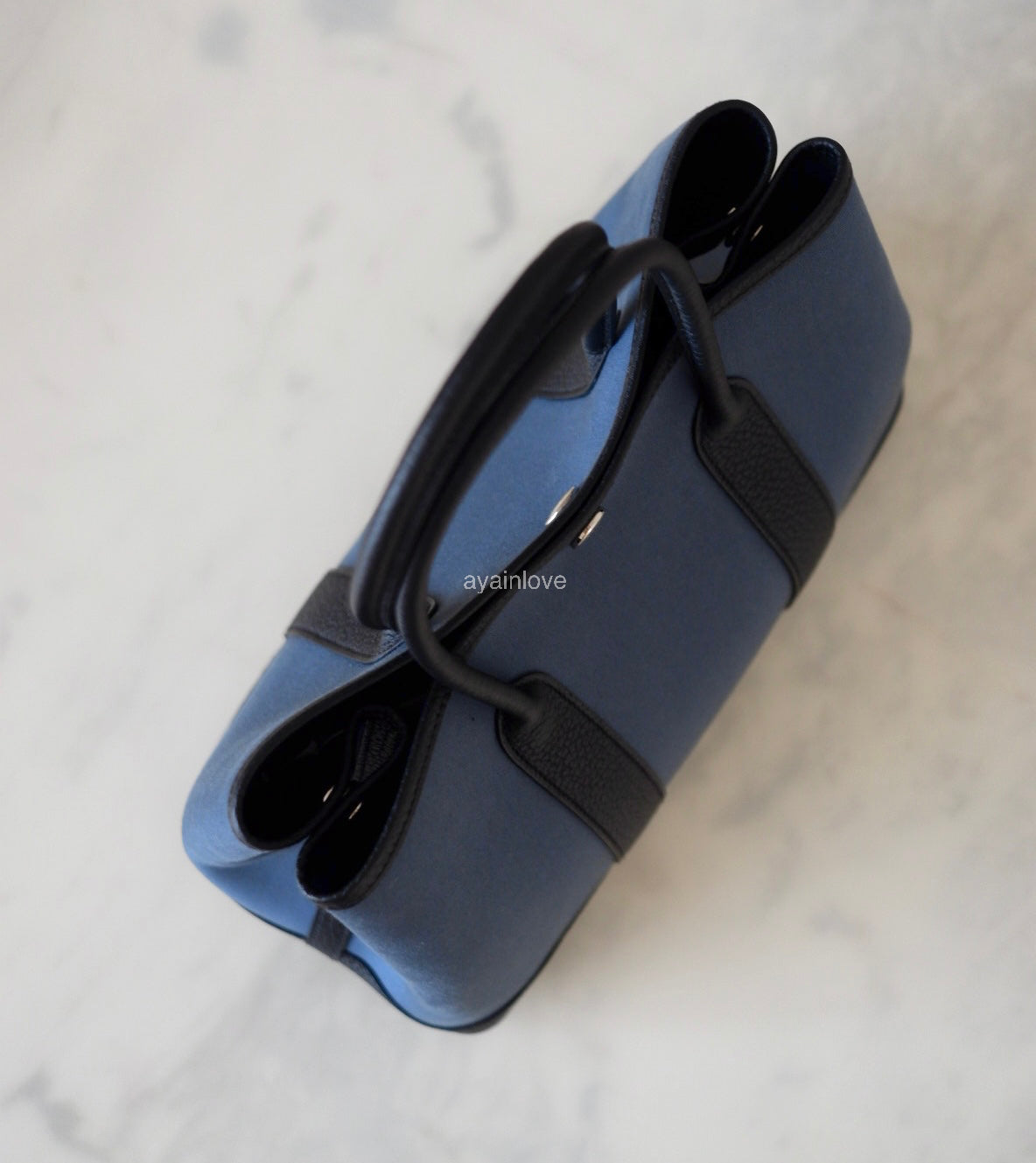 HERMES Garden Party 30 Canvas/Negonda Navy Blue/Black Bag Palladium Hardware W Stamp