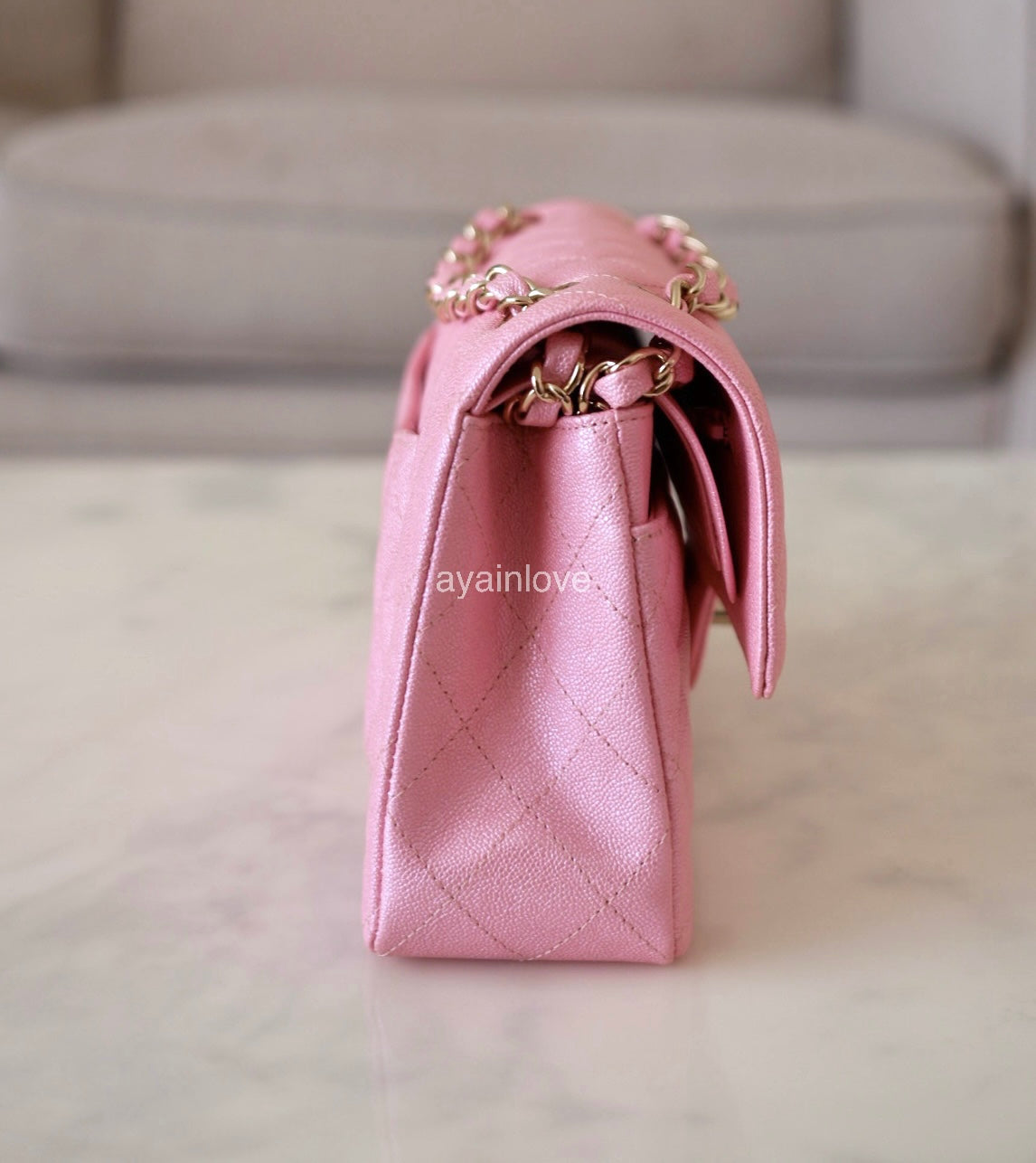 CHANEL 19S Iridescent Pink Caviar Small Classic Flap Light Gold Hardware