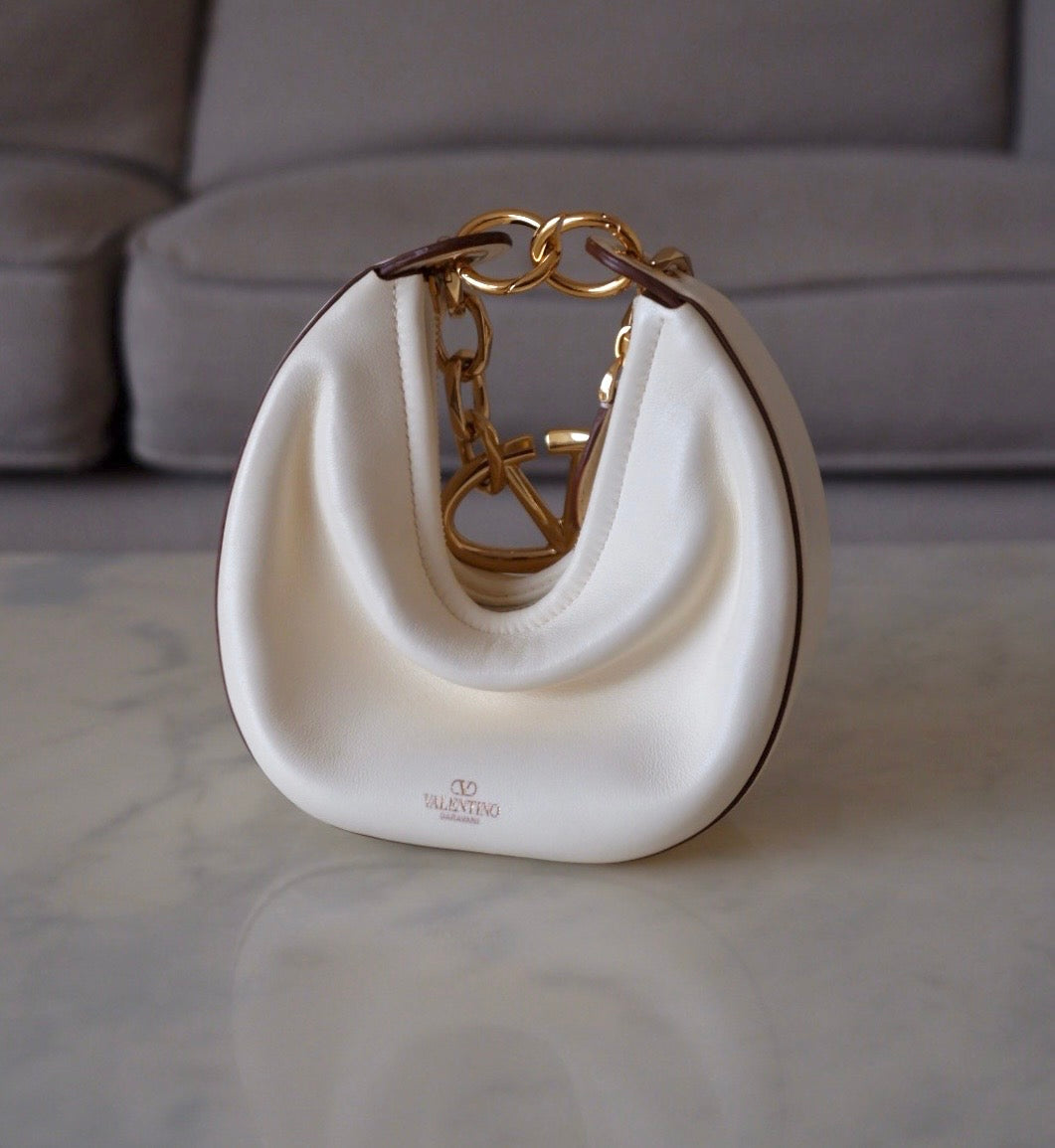 VALENTINO Vlogo Ivory Moon Zip Up Mini Hobo Bag Gold Hardware