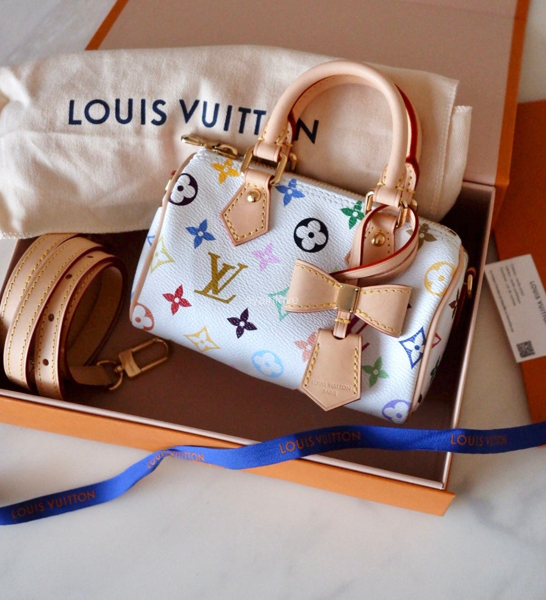 LOUIS VUITTON LV x TM White Multicolour Murakami Nano Speedy Gold Hardware