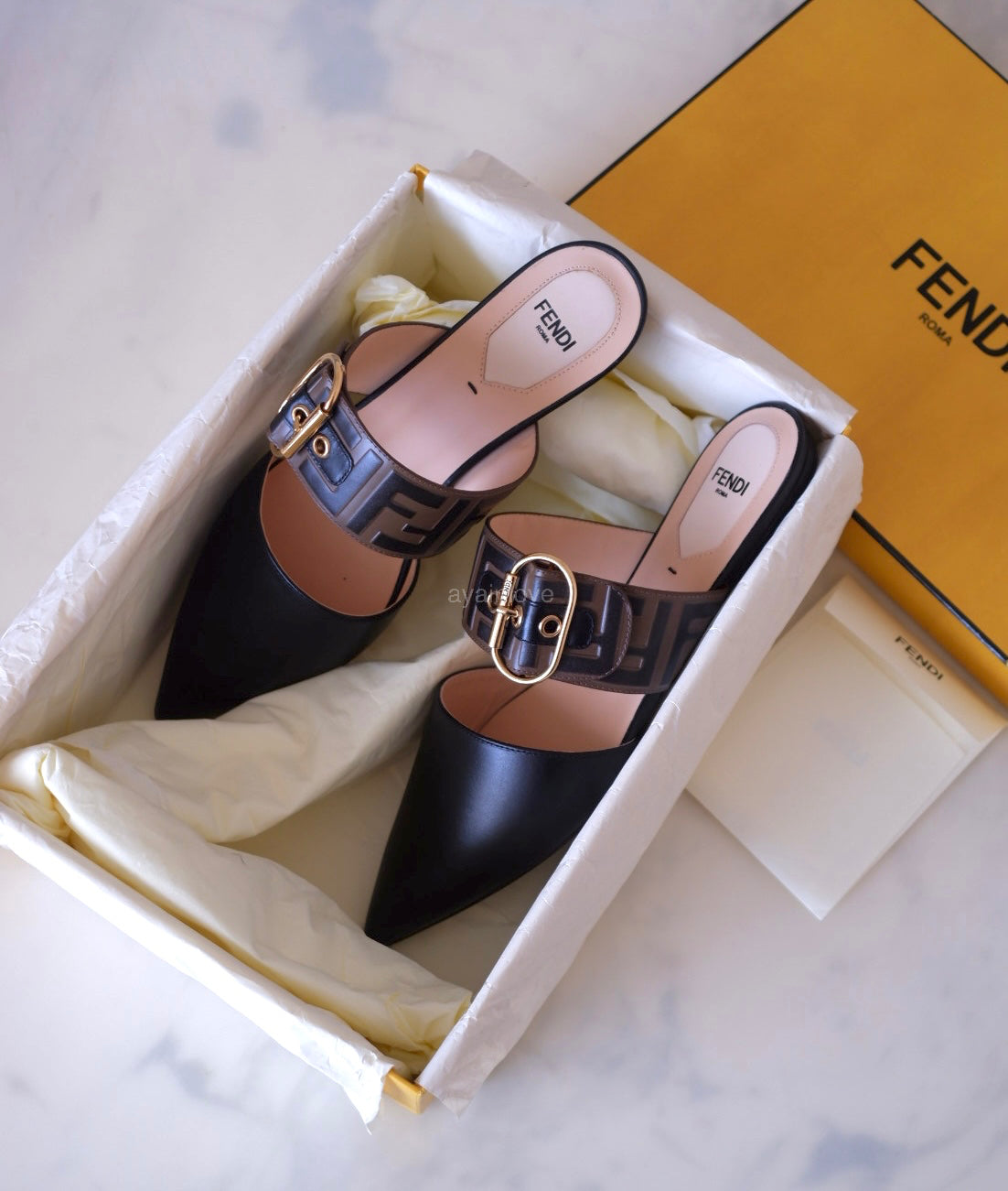 FENDI Vitello Maya Black FF Embossed Monogram Buckle Flat Slides Mules Size 38