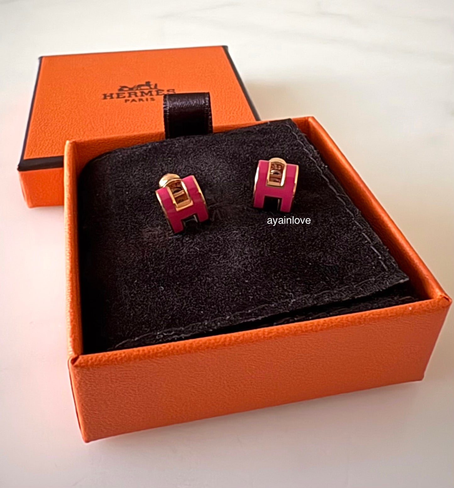 HERMES H Pop Mini Framboise Stud Earrings Rose Gold Hardware