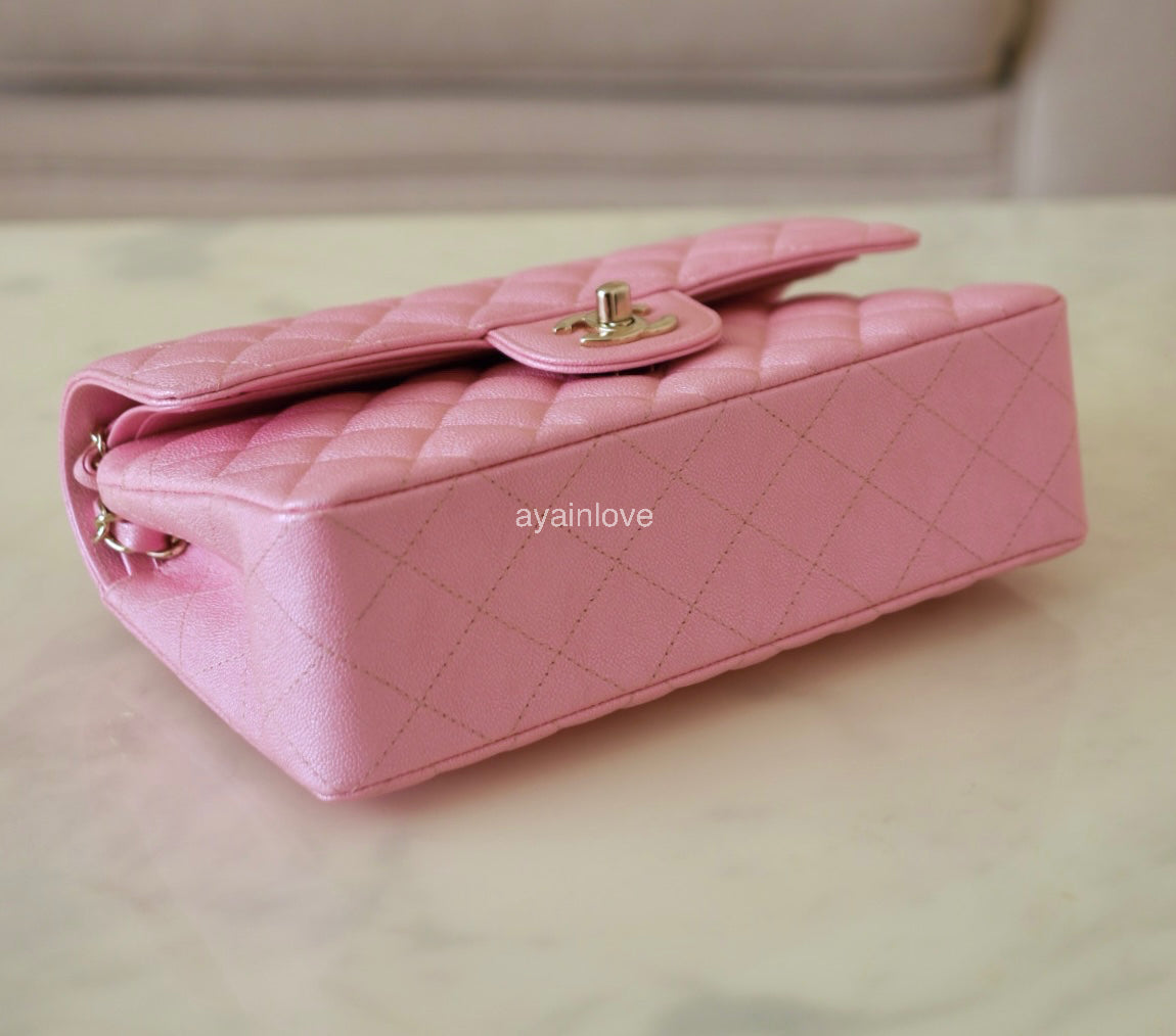 CHANEL 19S Iridescent Pink Caviar Small Classic Flap Light Gold Hardware