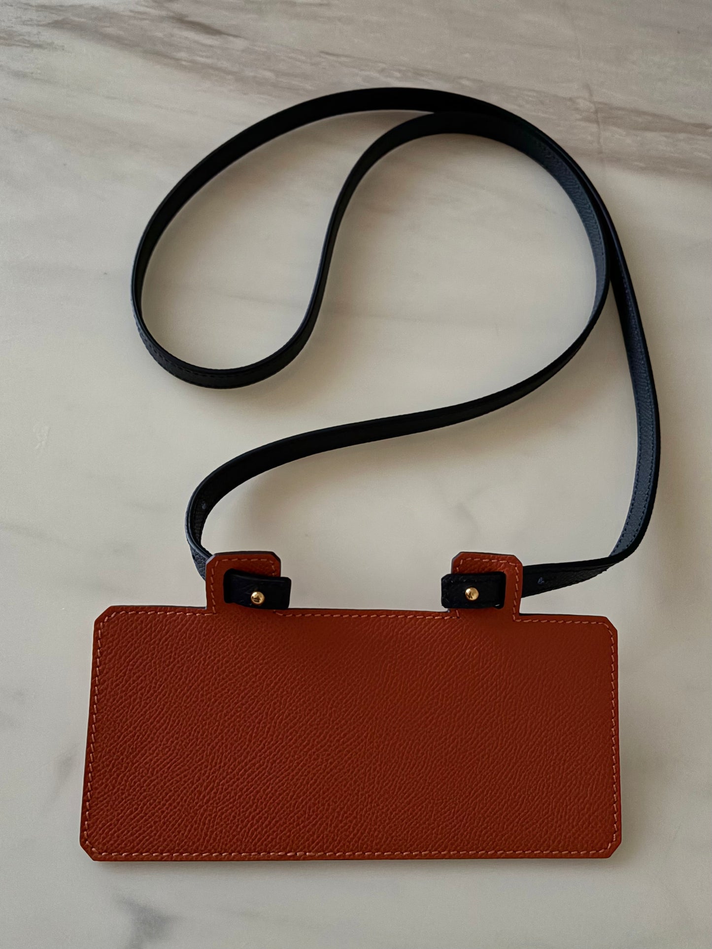 HERMES Constance Blue Marine Shiny Alligator Bicolor Verso Cuivre Long Wallet To Go Rose Gold Hardware