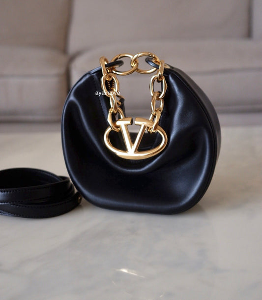 VALENTINO Vlogo Black Moon Zip Up Mini Hobo Bag Gold Hardware