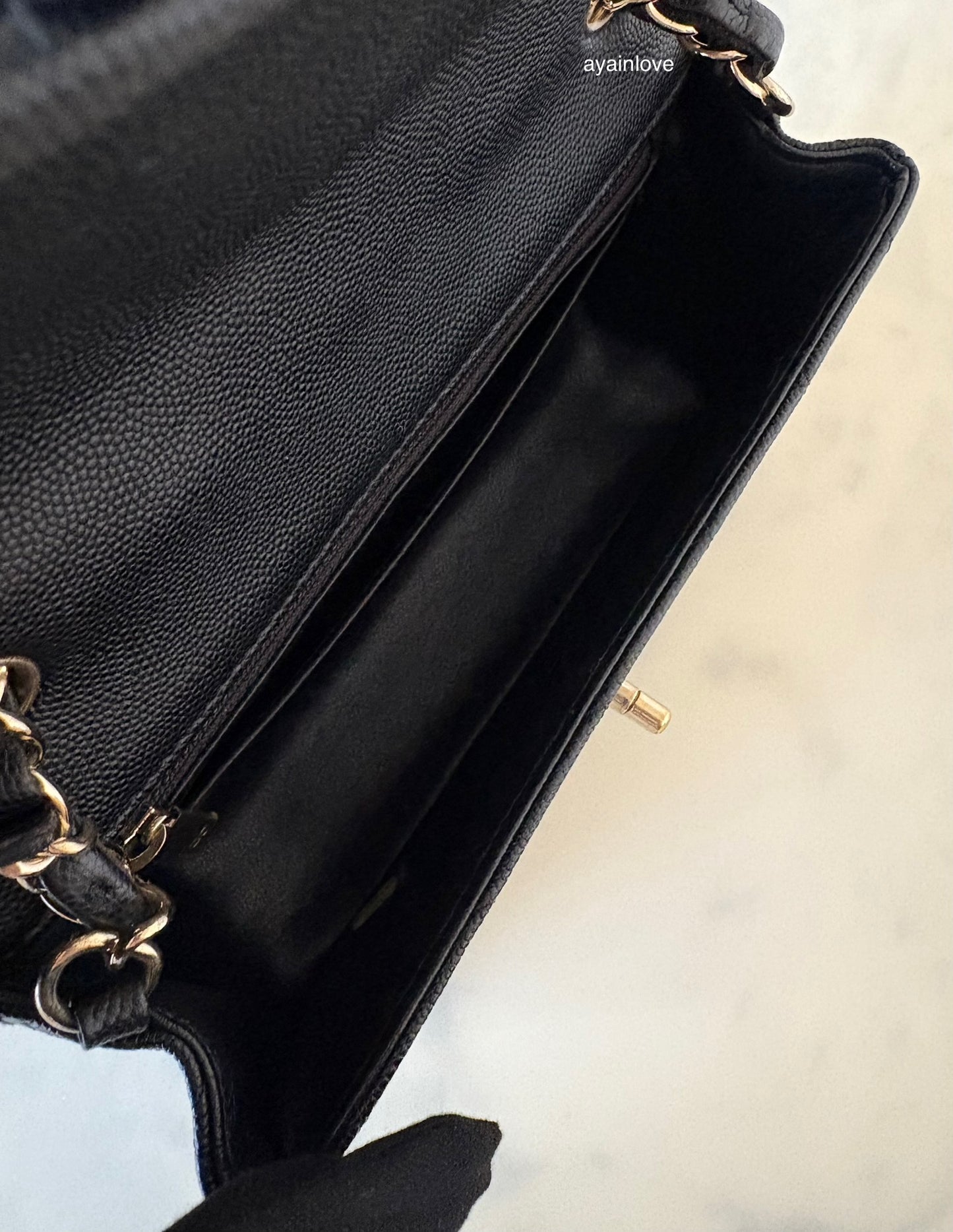 CHANEL 18B Black Caviar Quilted Rectangular Mini Flap Bag Light Gold Hardware