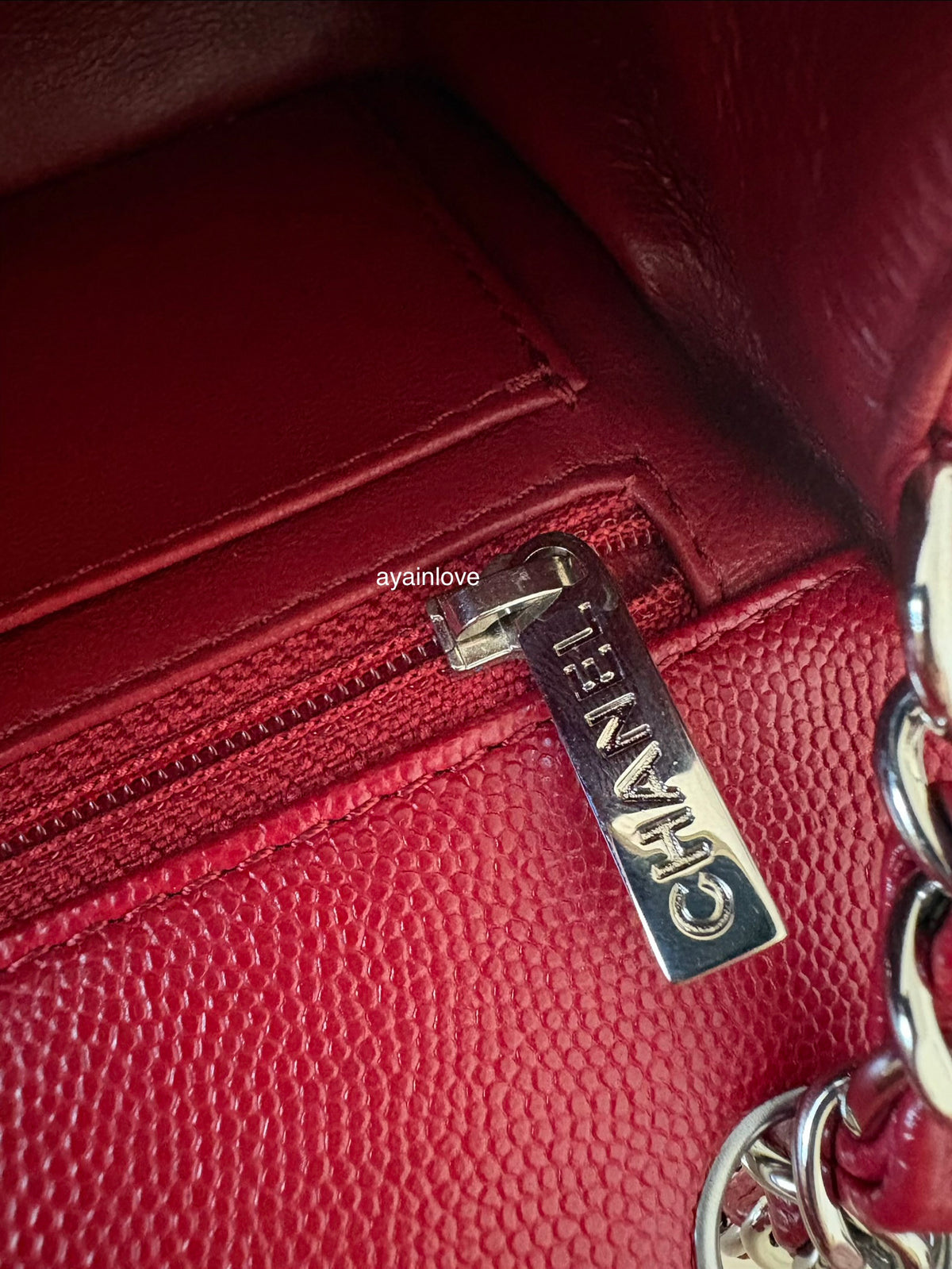 CHANEL 17B Red Caviar Quilted Classic Rectangular Mini Silver Hardware