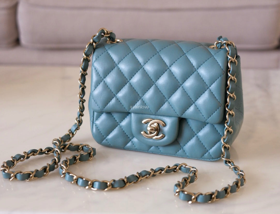 CHANEL 2022 Turquoise Blue Lambskin Microchipped Quilted Square Mini Flap Bag Light Gold Hardware
