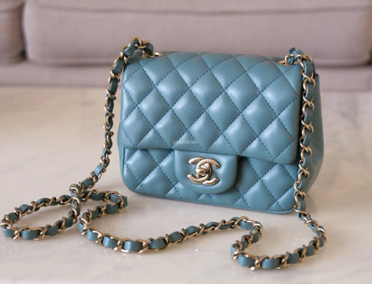CHANEL 2022 Turquoise Blue Lambskin Microchipped Quilted Square Mini Flap Bag Light Gold Hardware