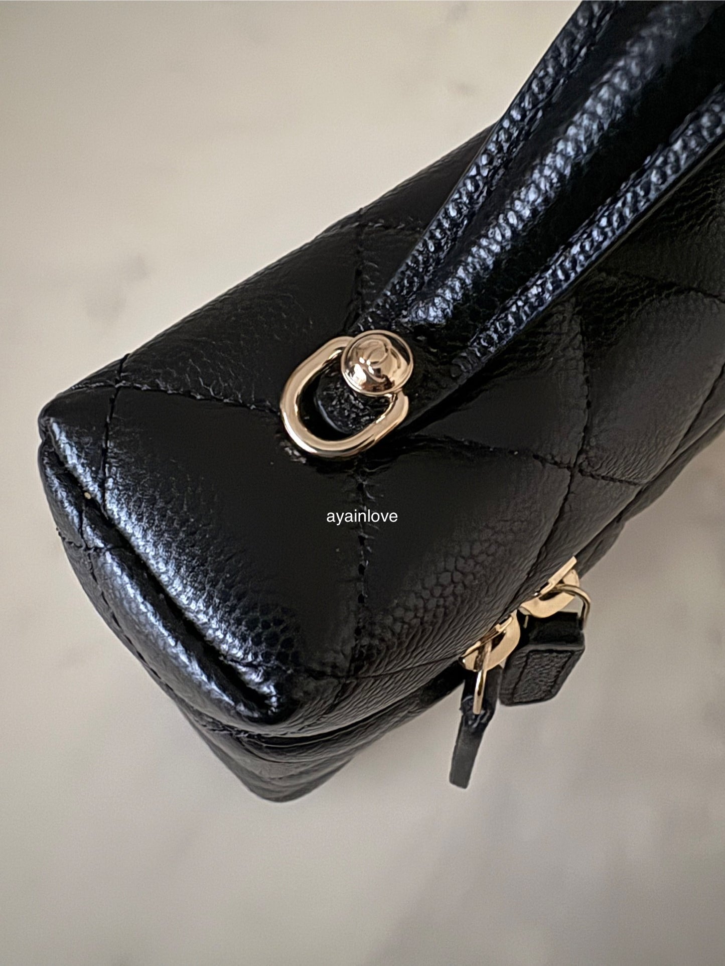 CHANEL 2025 Black Caviar Top Handle Flat Vanity on Chain Light Gold Hardware