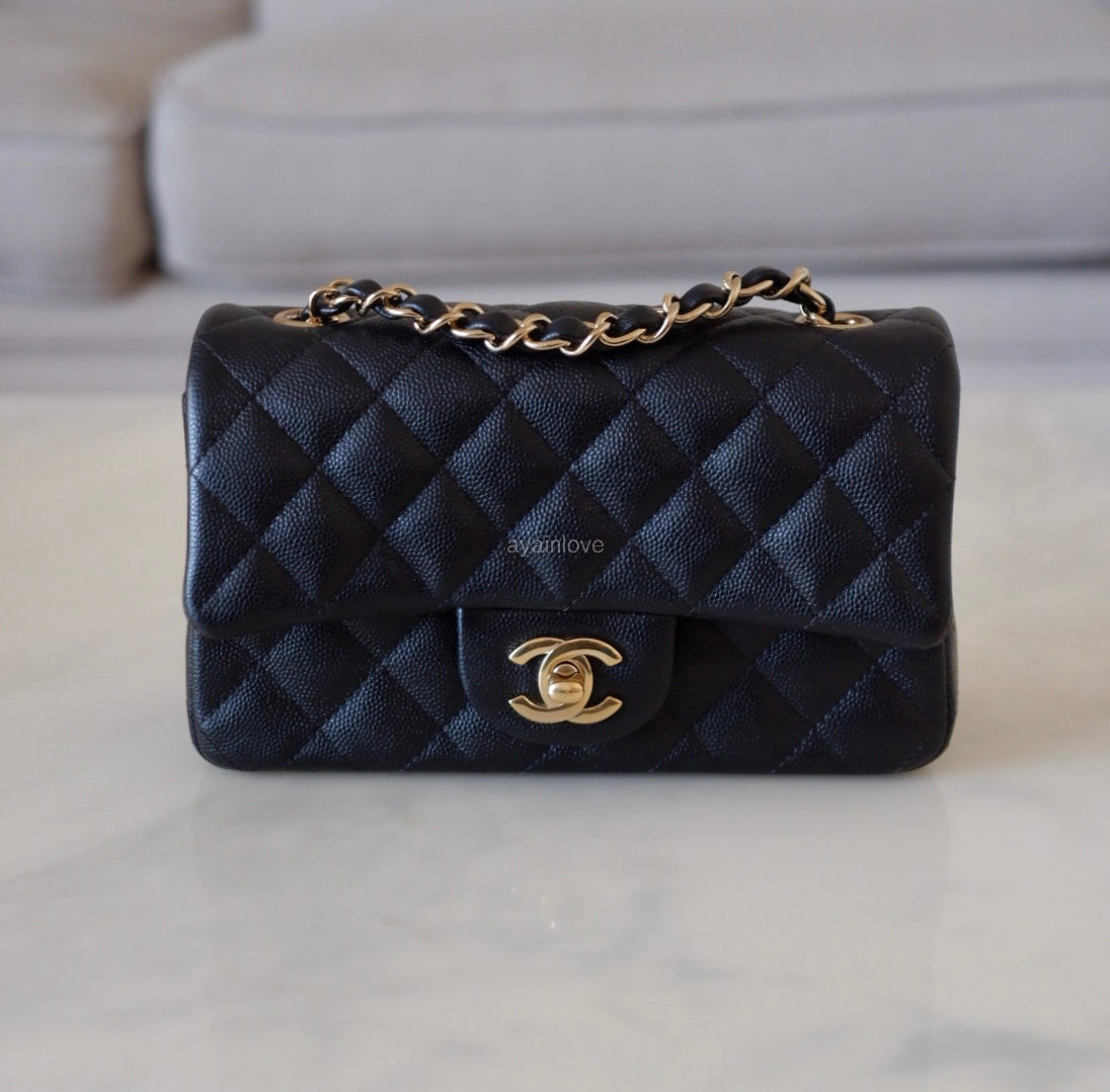 CHANEL 18B Black Caviar Quilted Rectangular Mini Flap Bag Light Gold Hardware