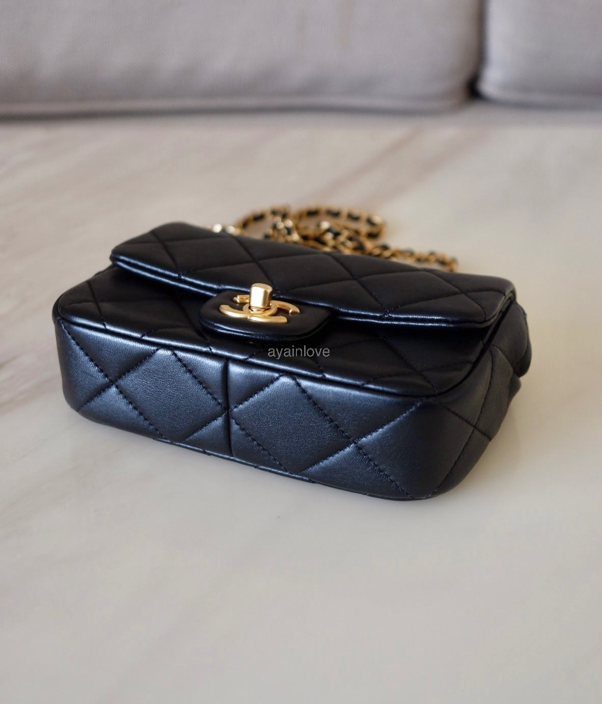 CHANEL 24S Black Lambskin Twin Pearls Quilted Mini Flap Bag Adjustable Gold Hardware