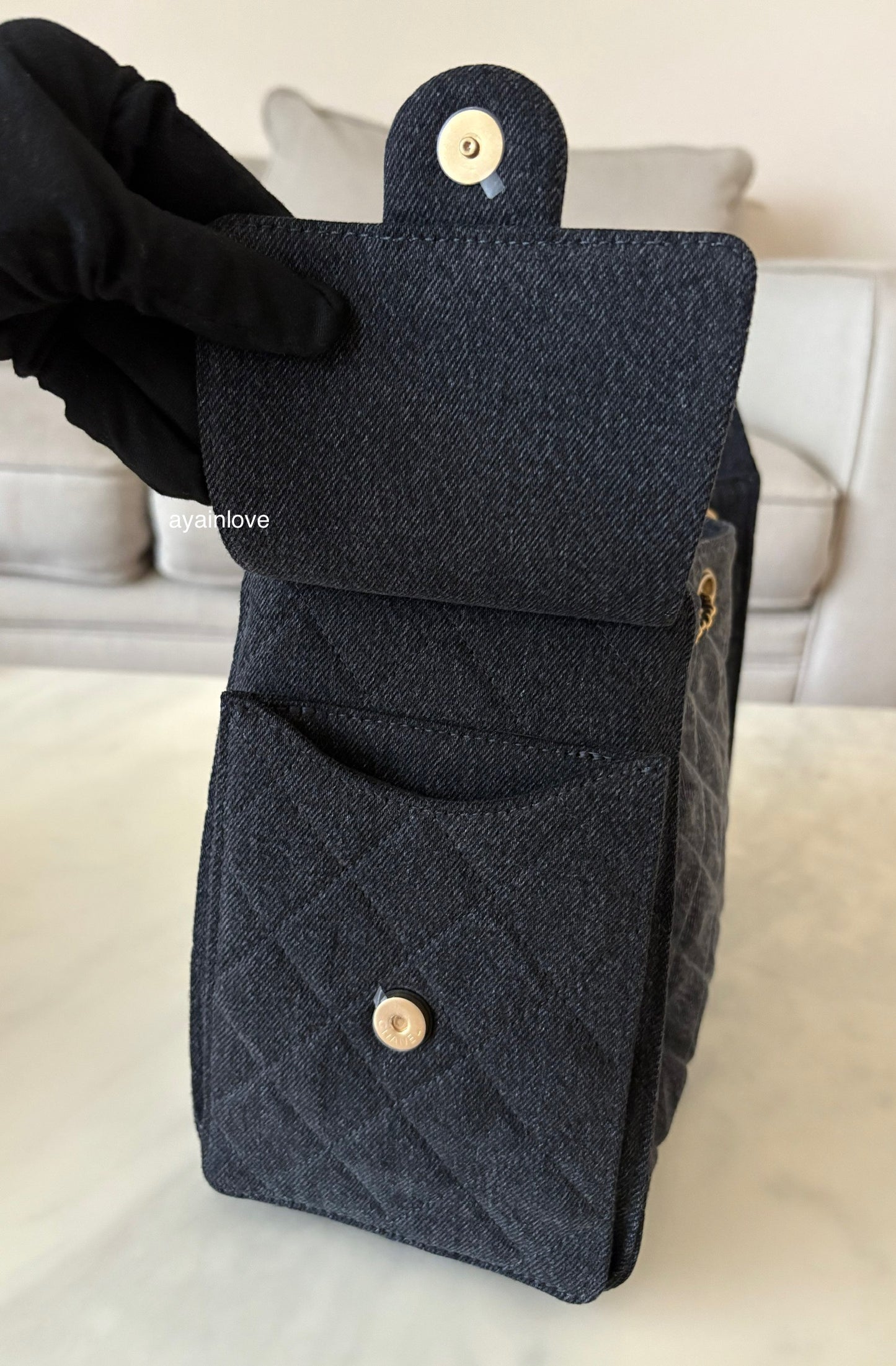 CHANEL 26P Black Washed Denim Small 25 Bag Gold Hardware