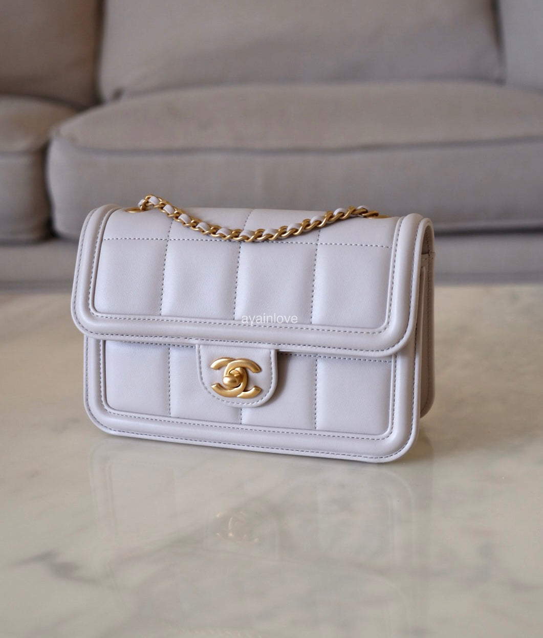 CHANEL 2025 Light Grey Lambskin Microchipped Quilted Chocolate Bar Mini Flap Bag Brushed Gold Hardware