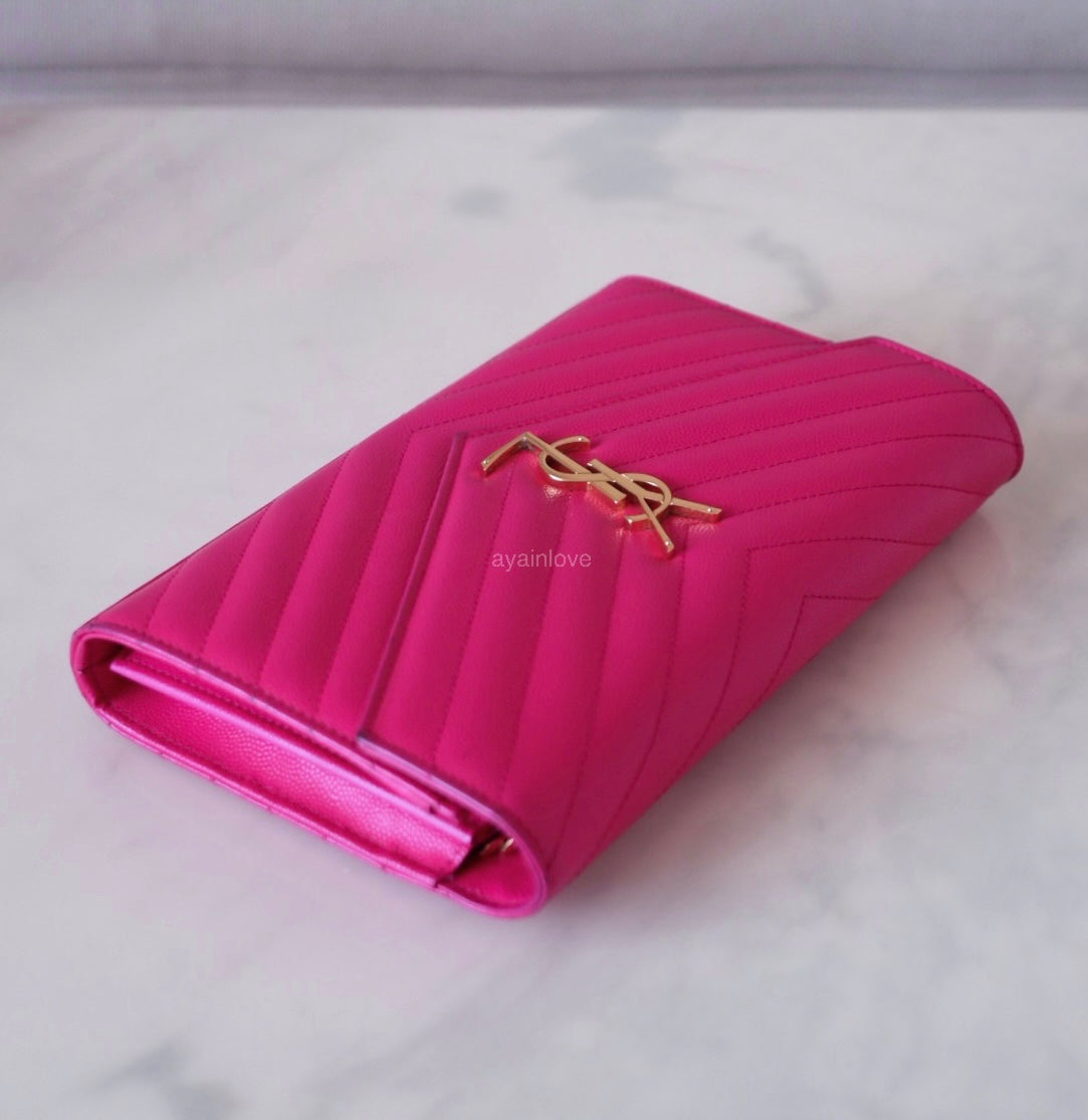 Yves Saint Laurent YSL Classic Cassandre Fuchsia Chevron Quilting Wallet on Chain Gold Hardware