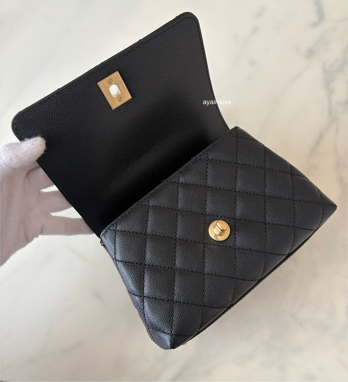 CHANEL Black Caviar Coco Chain Leather Handle Mini 19cm *Microchipped* Brushed Gold Hardware