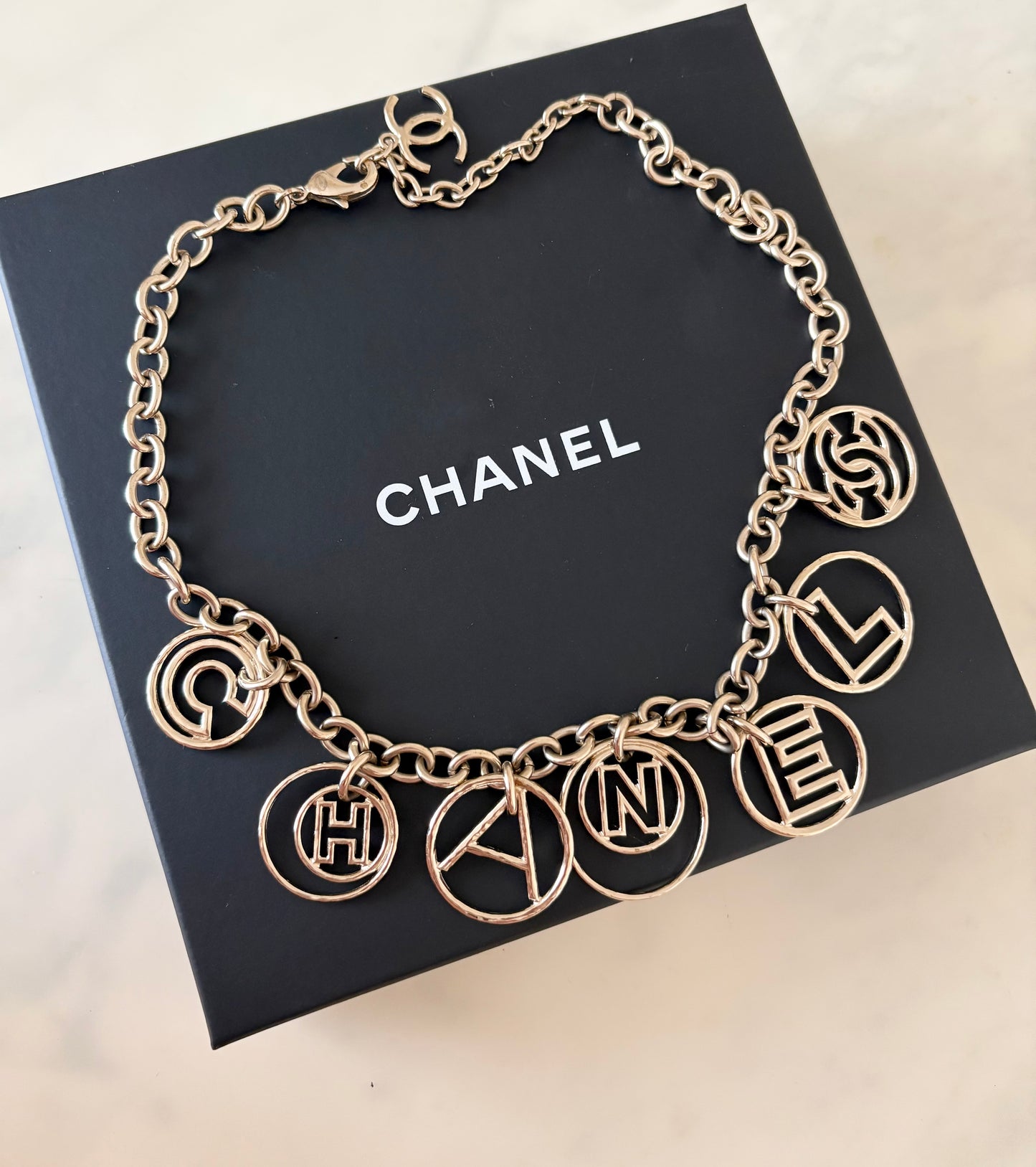 CHANEL 17C Logo CC Necklace Light Gold Hardware