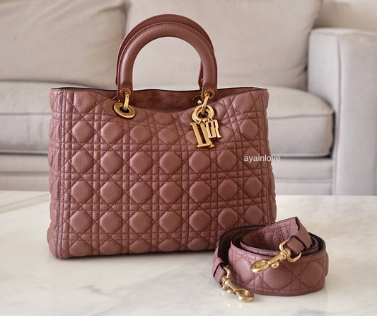 DIOR Large Lady Dior Dusty Pink Cannage Calfskin Bag Brushed Gold Hardware