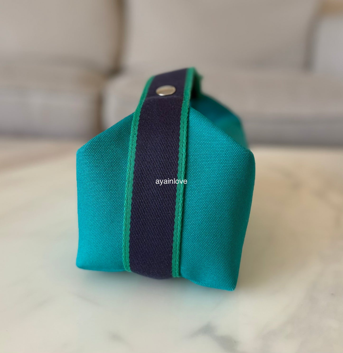 HERMES Bride-A-Brac Green Canvas Toilette Au Carre Case Small PM Palladium Hardware