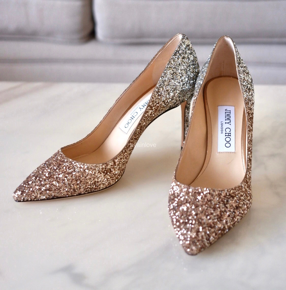 JIMMY CHOO Romy Triple Glitter Degradation Rose Gold, Gold and Silver Pumps Heel Shoes Size 37.5