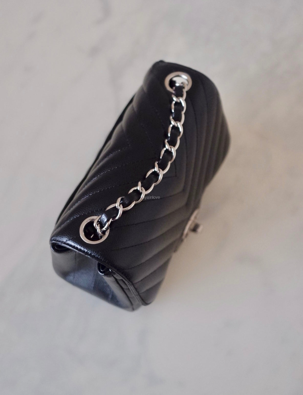 CHANEL 16S Black Caviar Chevron Classic Square Mini Flap Bag Silver Hardware