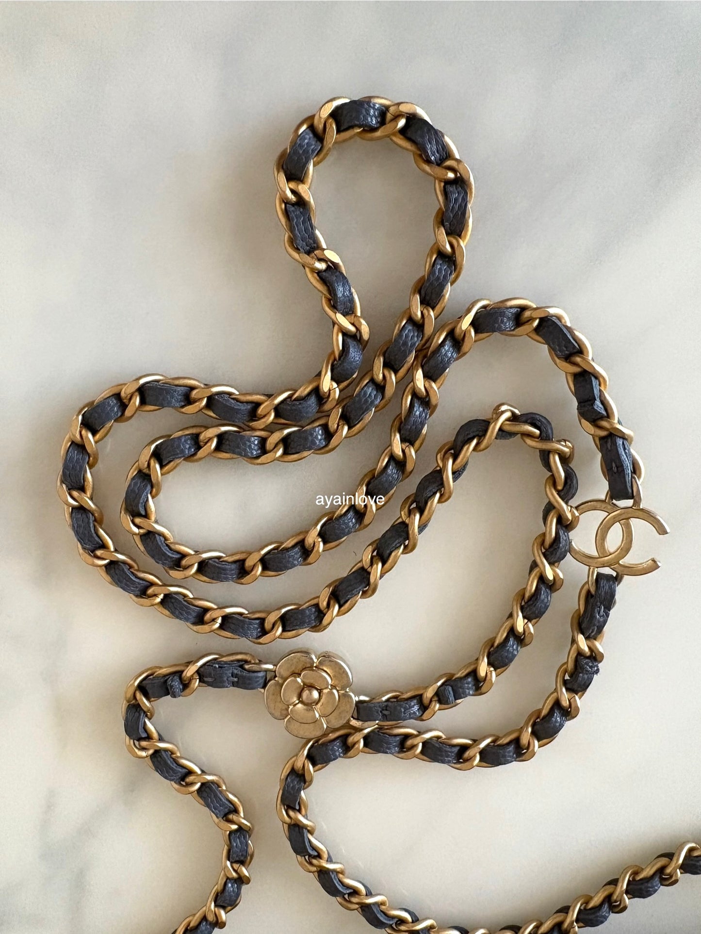 CHANEL 23K Dark Grey Caviar Camellia CC Wallet On Chain *Microchipped* Brushed Gold Hardware