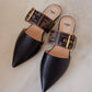 FENDI Vitello Maya Black FF Embossed Monogram Buckle Flat Slides Mules Size 38