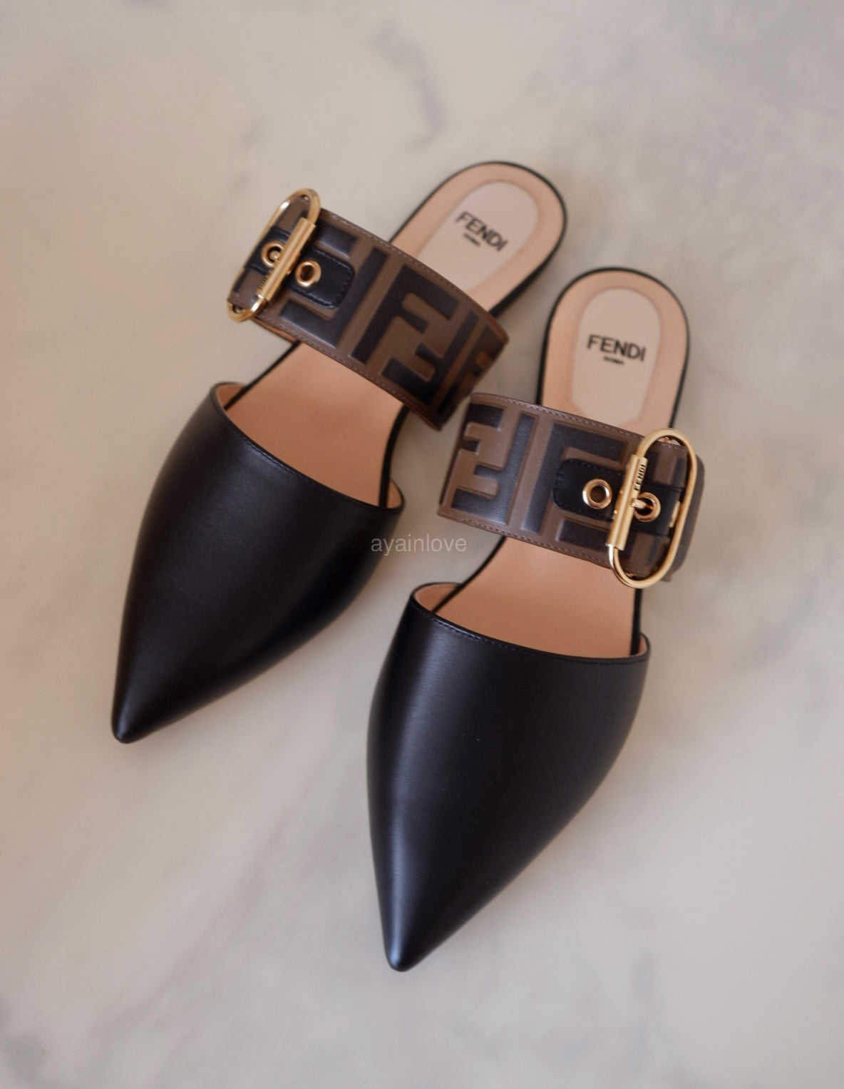 FENDI Vitello Maya Black FF Embossed Monogram Buckle Flat Slides Mules Size 38