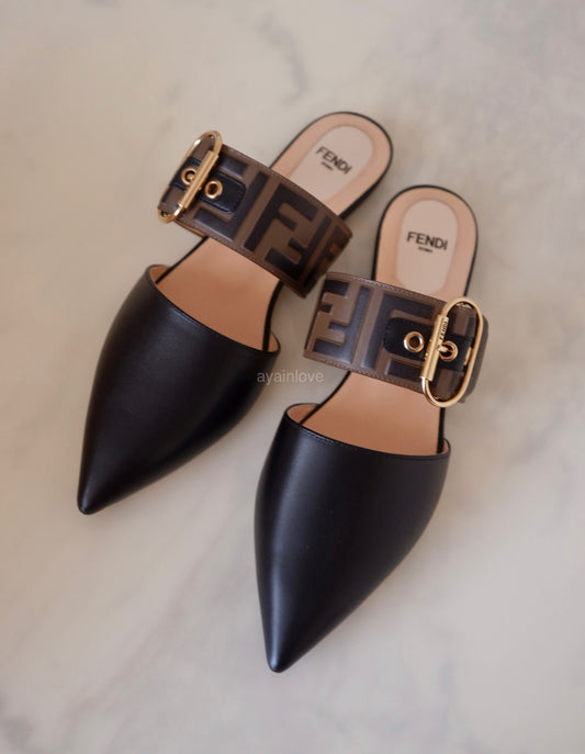 FENDI Vitello Maya Black FF Embossed Monogram Buckle Flat Slides Mules Size 38