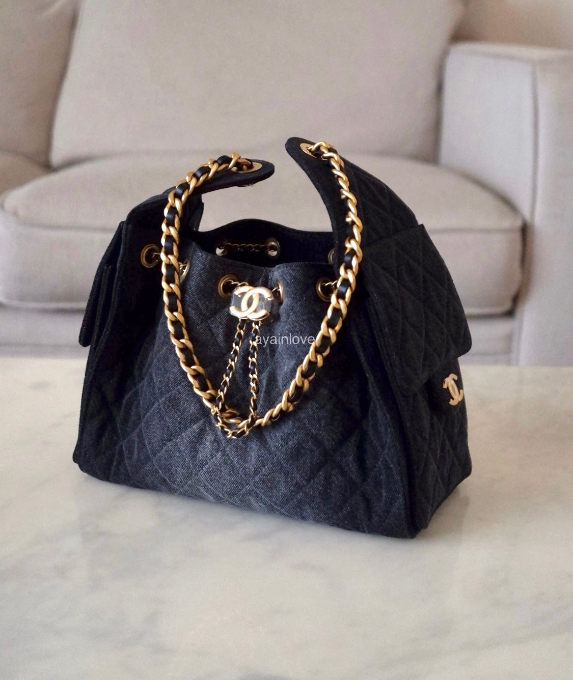 CHANEL 26P Black Washed Denim Small 25 Bag Gold Hardware