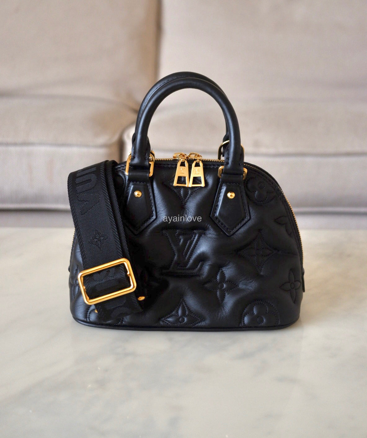 LOUIS VUITTON LV Alma BB Black Calfskin Bubblegram Bag Gold Hardware